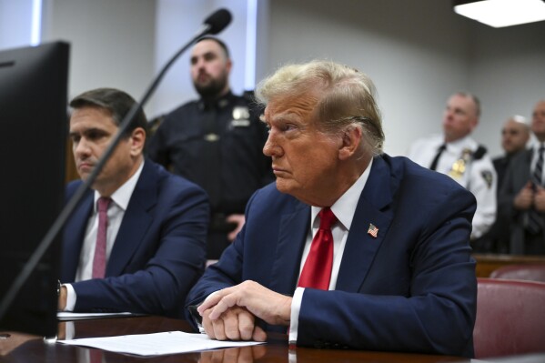 Former President Donald Trump attends the first day of his criminal trial, at Manhattan Criminal Court in New York City on April 15, 2024. (Angela Weiss/AFP via AP Pool)